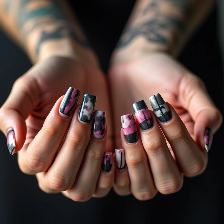 Desenhos geométricos e abstratos em unhas com tattoo esmalte.