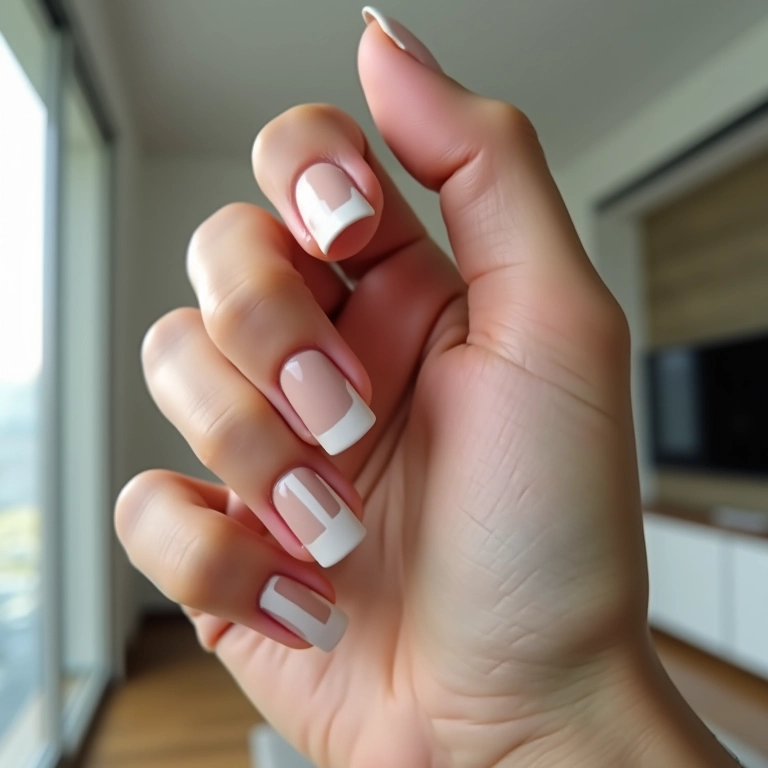 Desenhos geométricos em branco sobre unhas nude, design moderno.