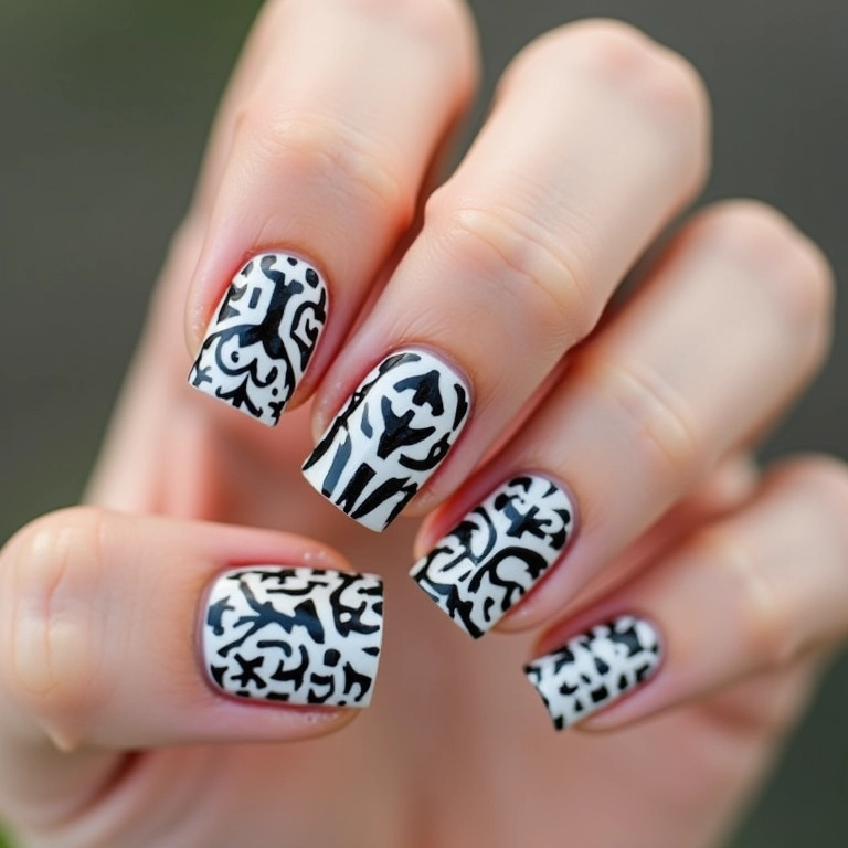Desenhos geométricos em preto e branco em unhas.