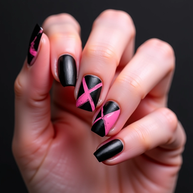 Desenhos geométricos em preto e rosa: arte nas unhas.