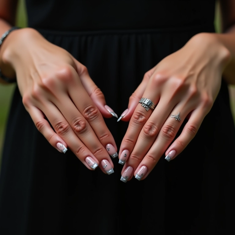 Desenhos geométricos em preto sobre nude para unhas.