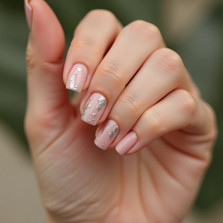 Desenhos geométricos em tons de nude nas unhas.