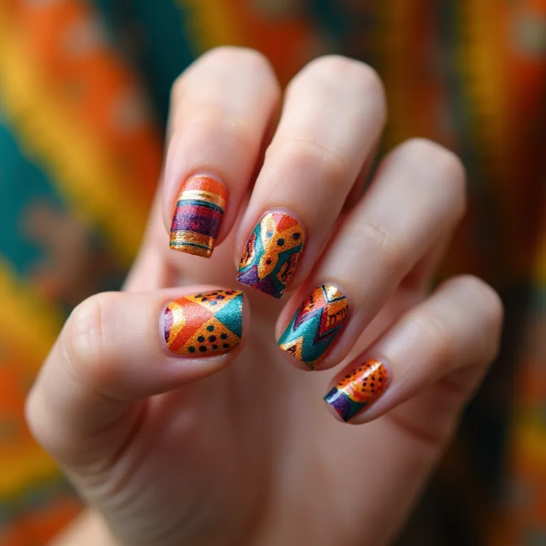 Desenhos geométricos em unhas curtas.