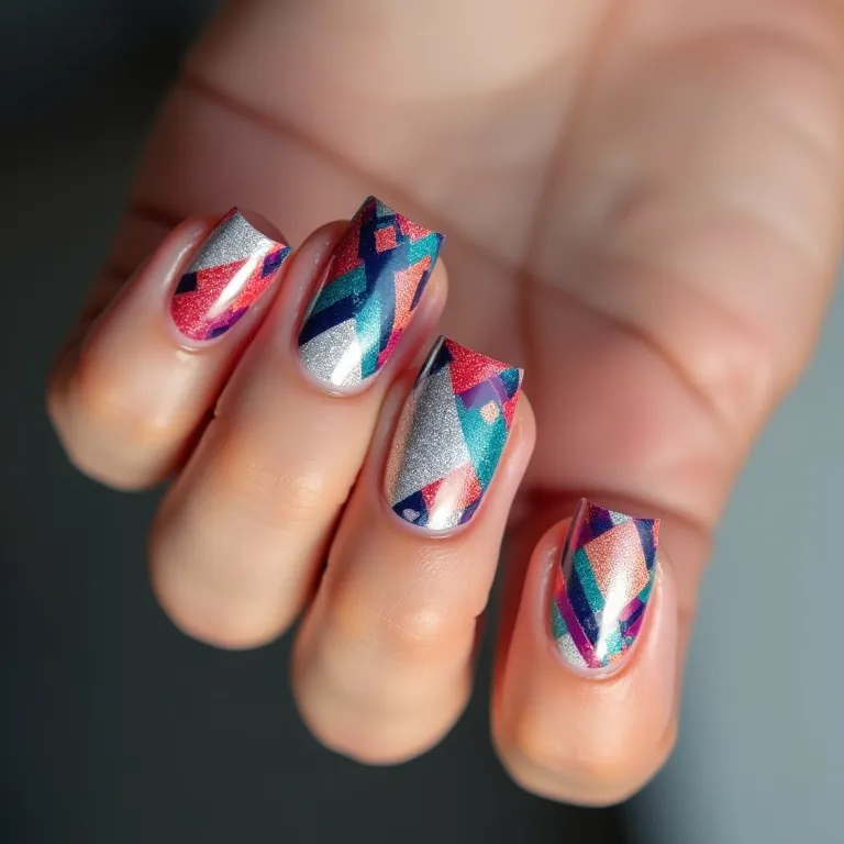 Desenhos geométricos em unhas de gel coloridas.