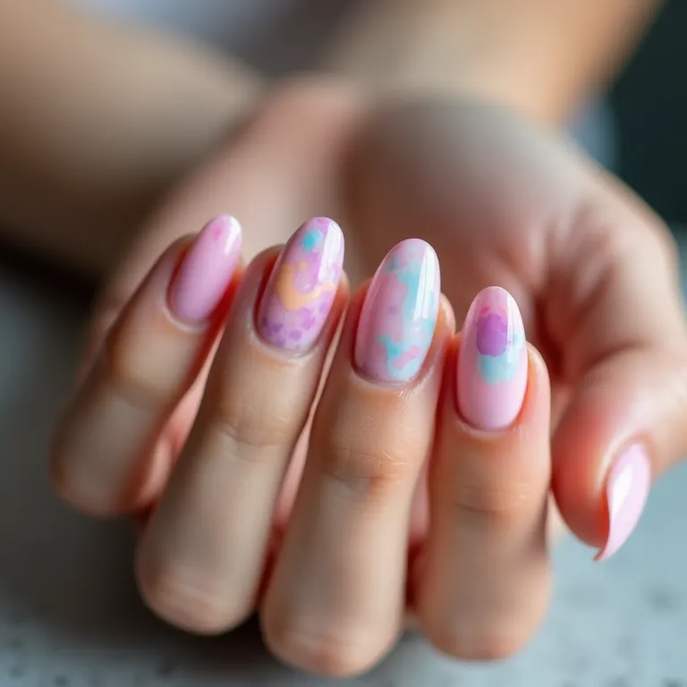 Desenhos geométricos em unhas de gel curtas.