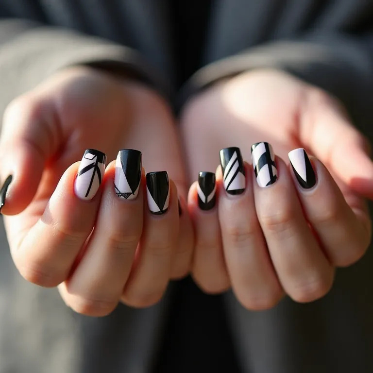 Desenhos geométricos em unhas pretas, modernidade e estilo.