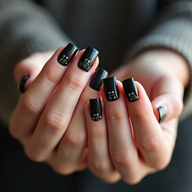 Desenhos geométricos em unhas quadradas pretas.