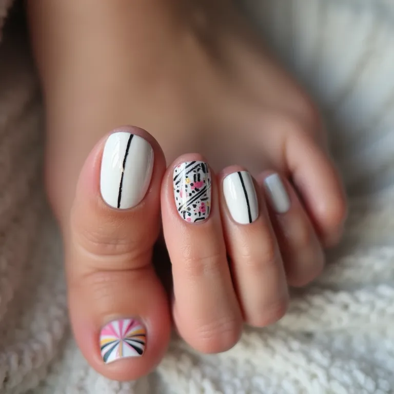 Desenhos geométricos modernos nas unhas dos pés.