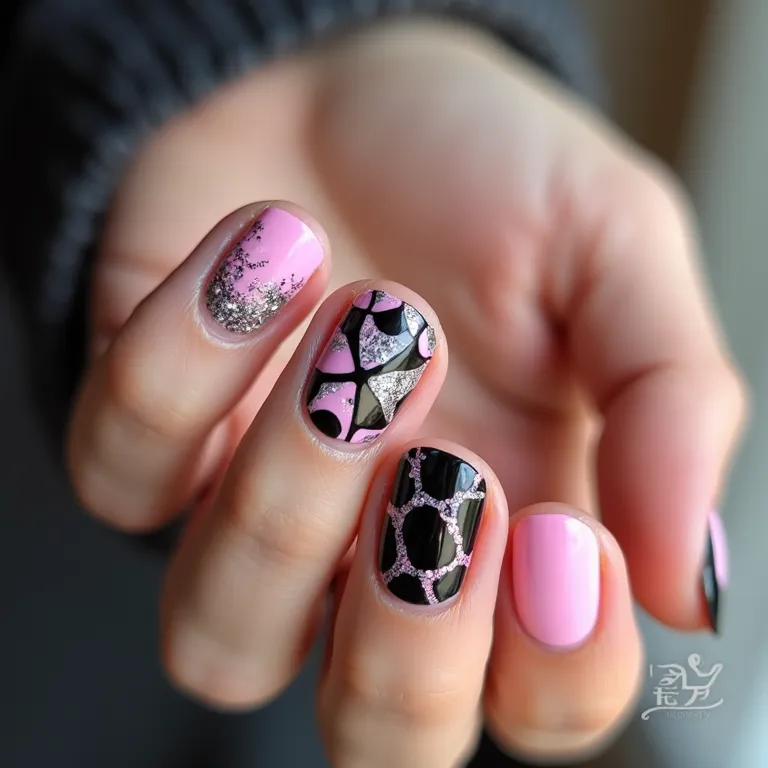 Desenhos geométricos rosa e preto nas unhas, arte abstrata.