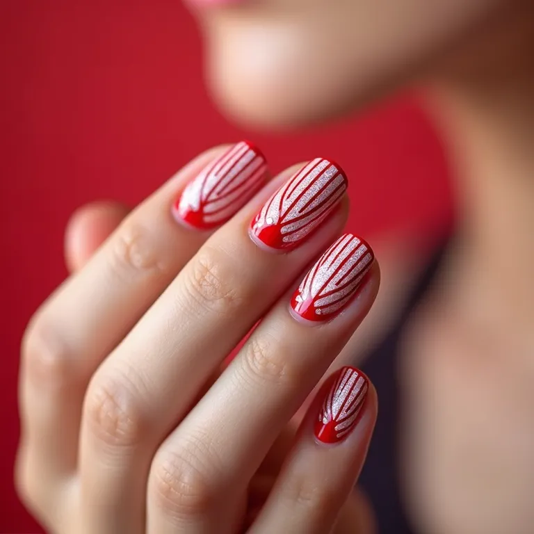 Desenhos geométricos vermelhos e brancos nas unhas.