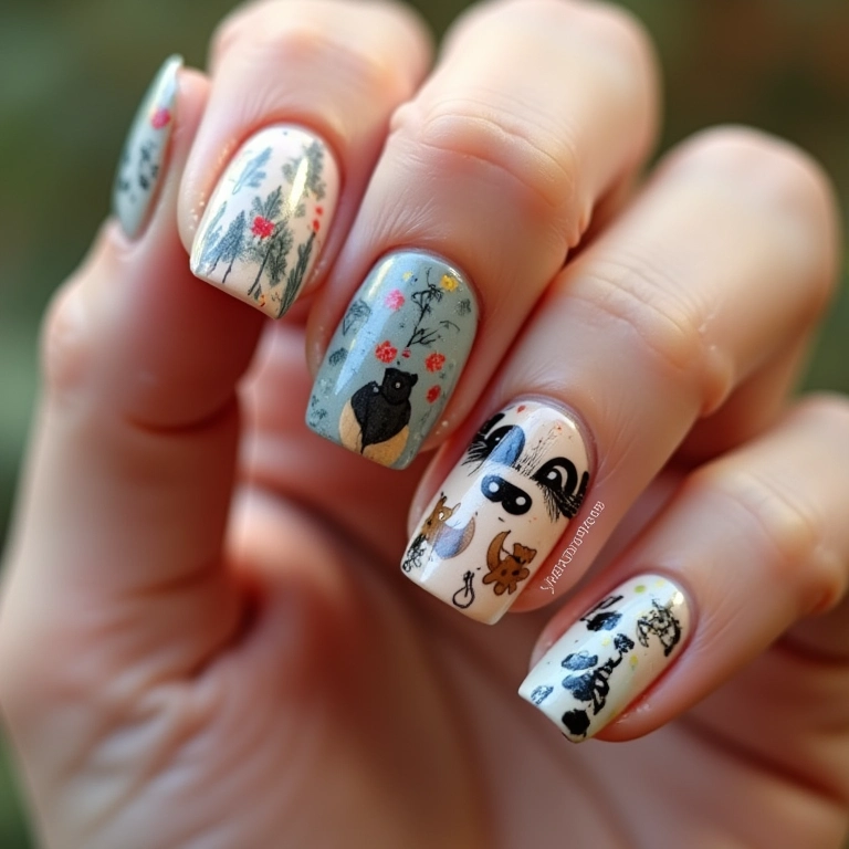 Desenhos temáticos criativos em unhas.