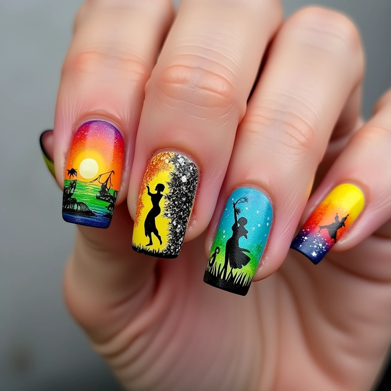 Desenhos temáticos de Carnaval nas unhas, silhueta de passista de samba.