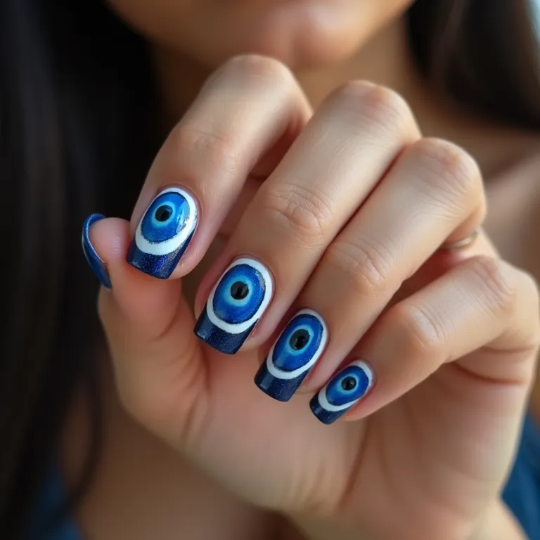 Design clássico de olho grego azul em unhas bem cuidadas.
