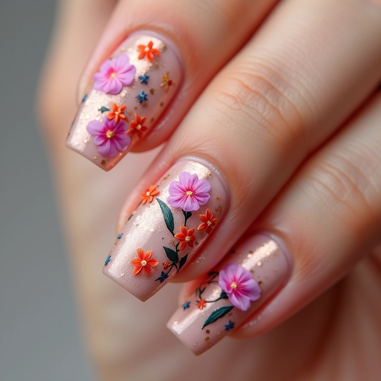 Design floral delicado em unhas decoradas.