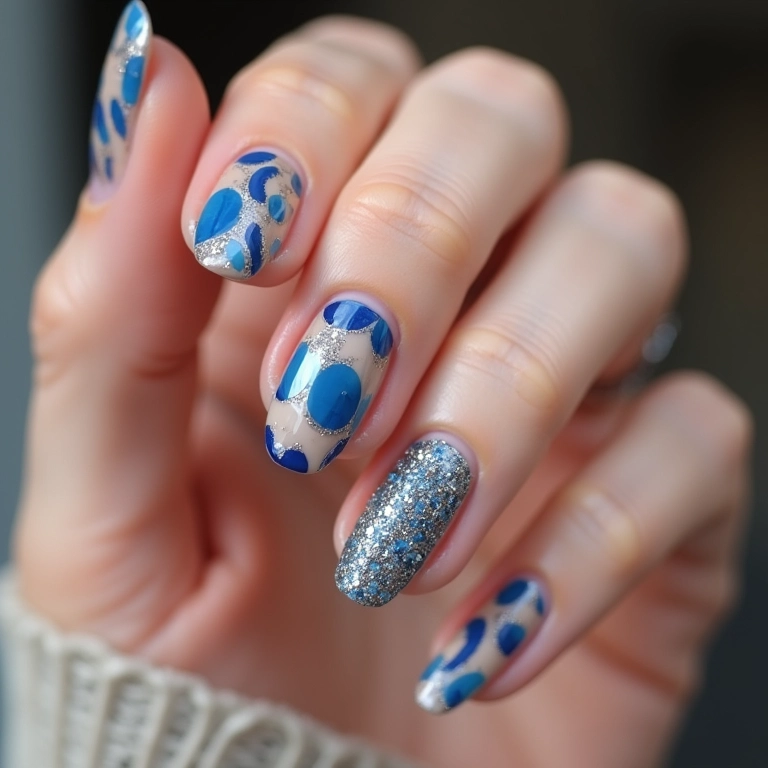 Design geométrico com glitter azul para unhas modernas.