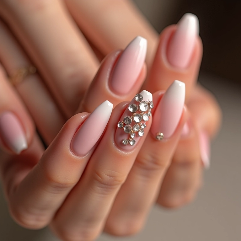Design simples e elegante de unhas decoradas com pedrarias.