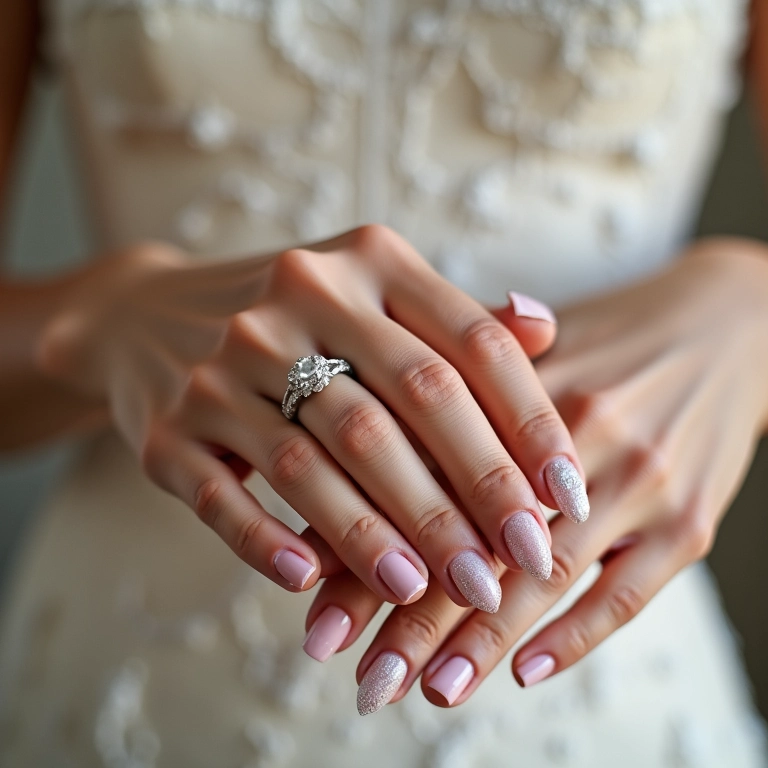 Detalhe das mãos de uma noiva exibindo unhas decoradas para casamento, com foco no anel.