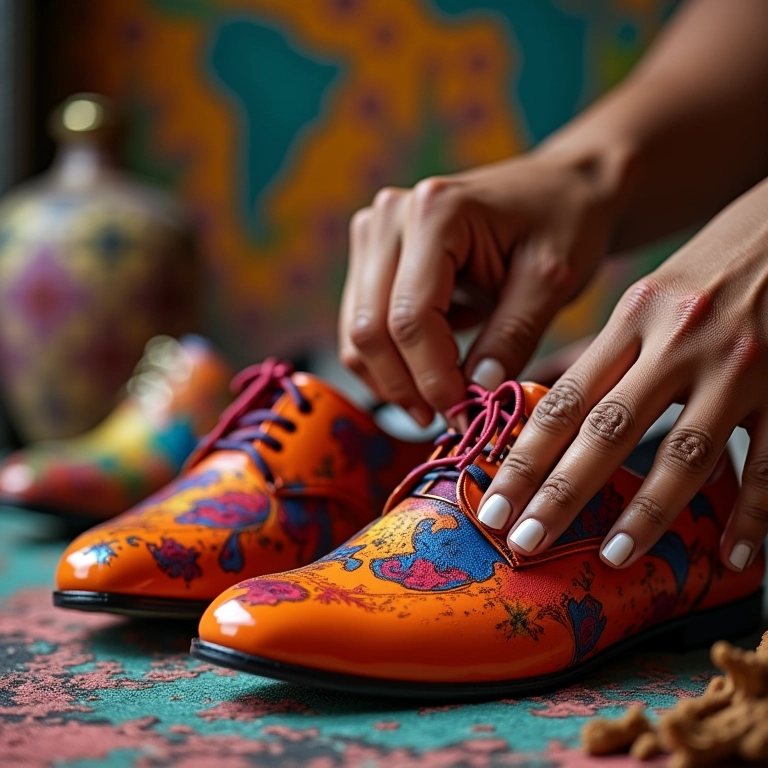 Detalhe de mãos criando sapatos customizados com esmalte colorido.