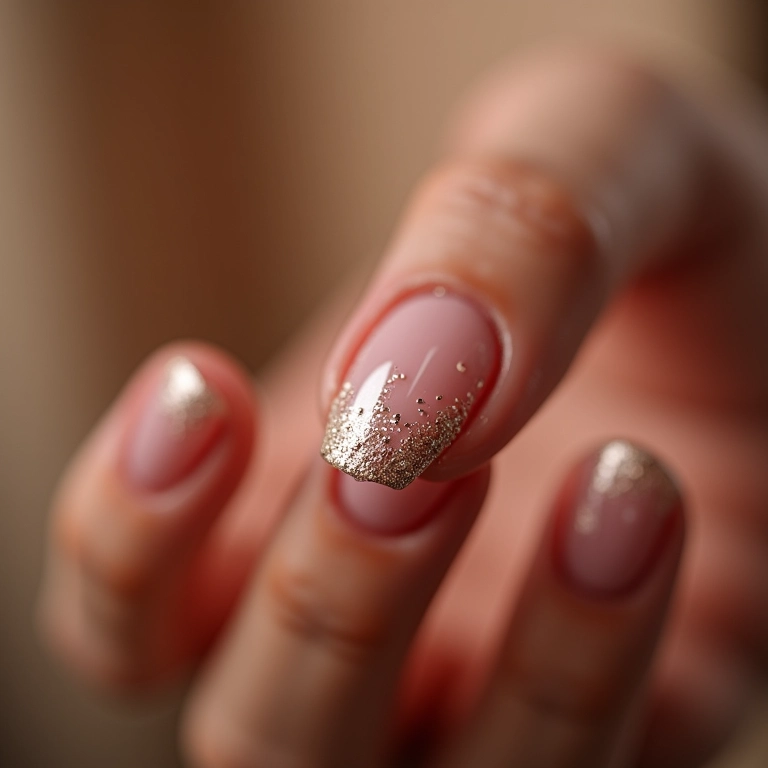 Detalhe de unha filha única com glitter discreto e elegante.