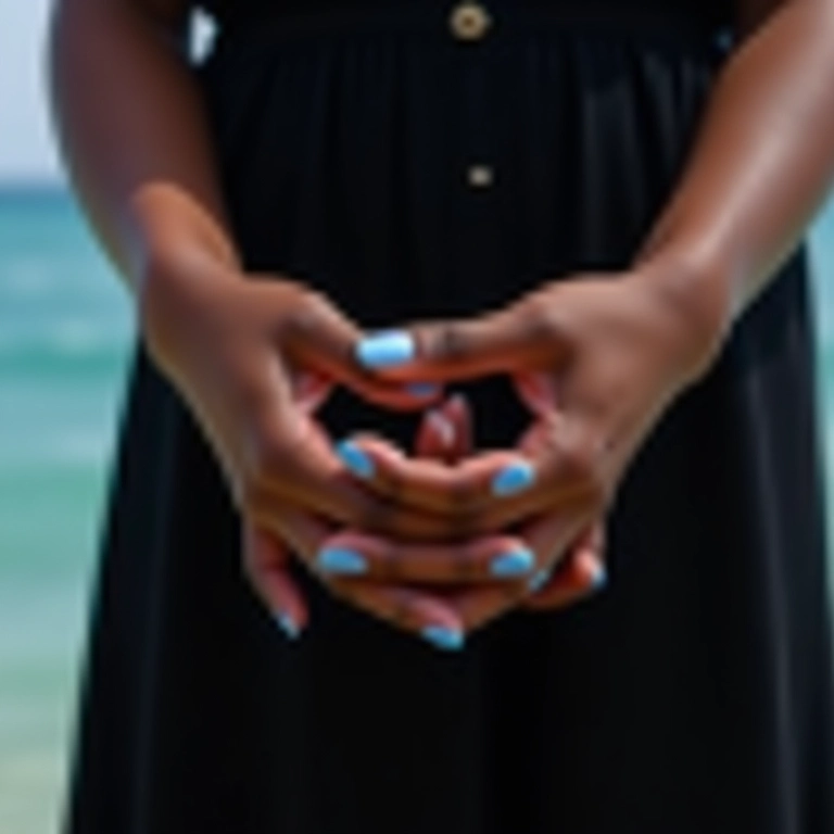 Detalhe de unhas azuis contrastando com vestido preto e fundo do mar.