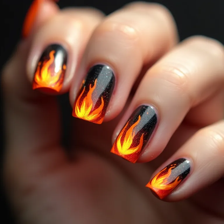 Detalhe de unhas decoradas com mini fogueiras juninas.