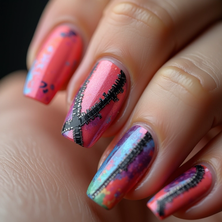 Detalhe de unhas decoradas com zíper colorido.