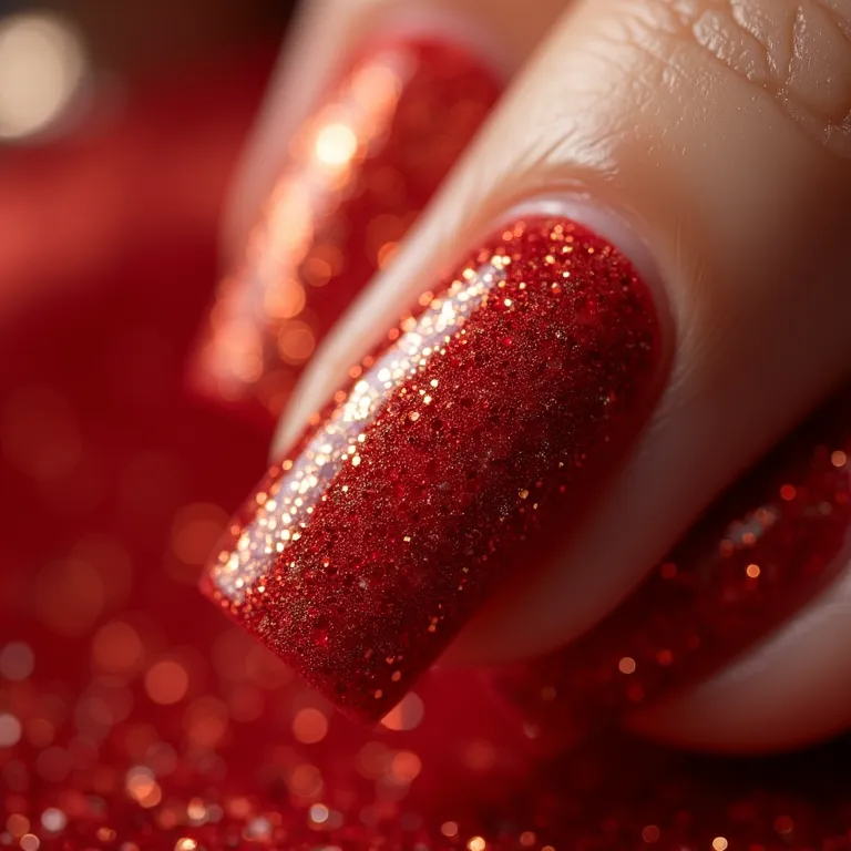 Detalhe do brilho dourado em unhas vermelhas.