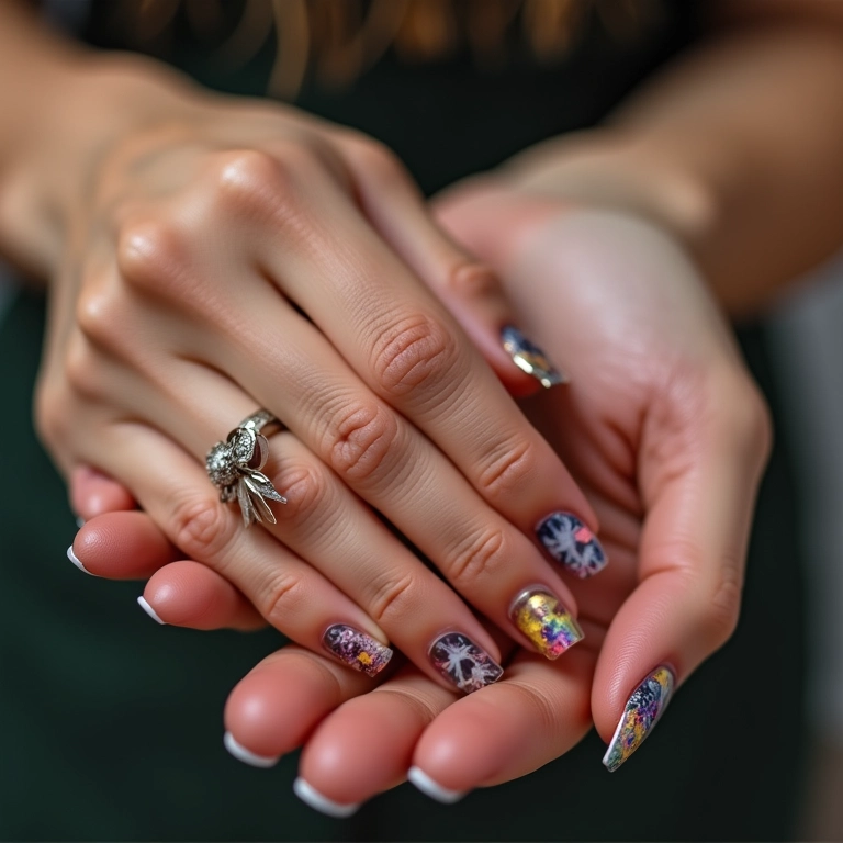 Detalhe elegante de unhas decoradas com fitilho, foco na arte e cores vibrantes.