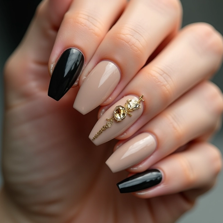 Detalhes em dourado para unhas em preto e bege.