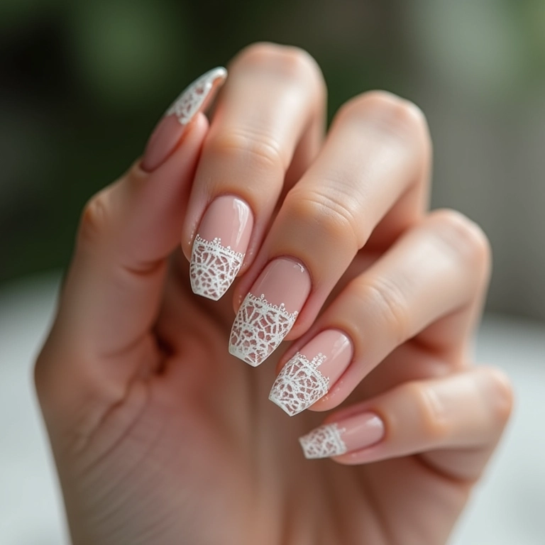 Detalhes em renda branca sobre unhas nude.