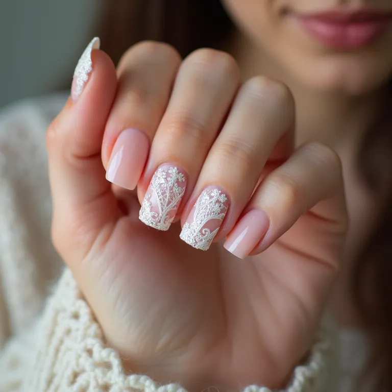 Detalhes em renda em unhas de gel.