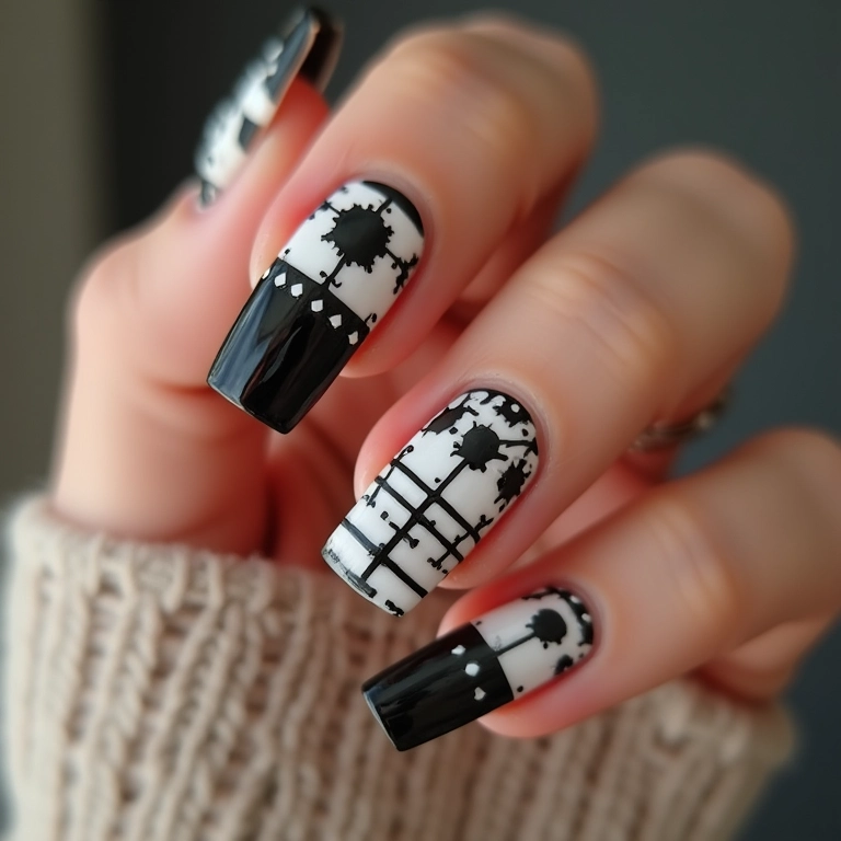 Detalhes geométricos em unhas quadradas.