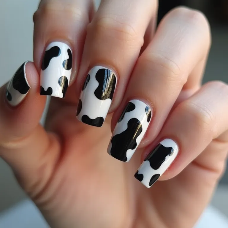 Diferentes formatos de unha com decoração de vaca.