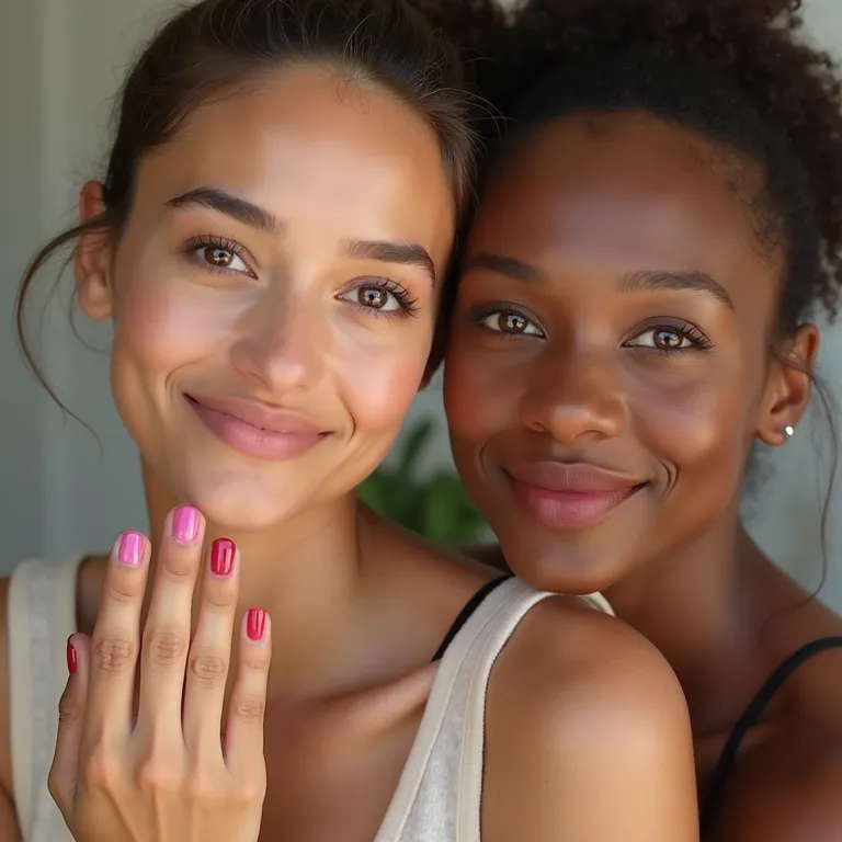 Diferentes tons de pele escolhendo cores de esmalte, mostrando como escolher o esmalte ideal para cada ocasião.