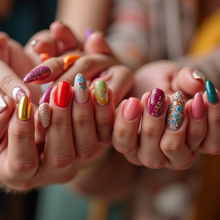 Diversas mãos com unhas decoradas e cores vibrantes.