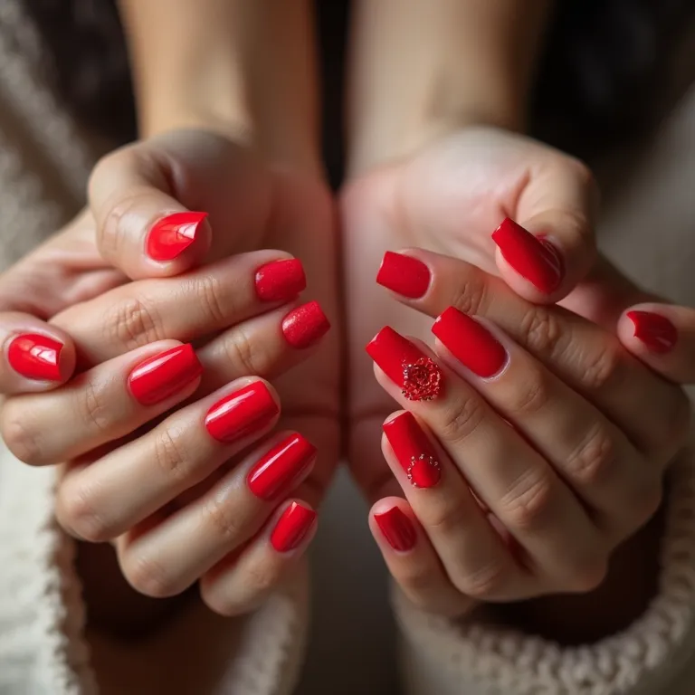 Diversas mãos exibindo designs de nail art vermelha.