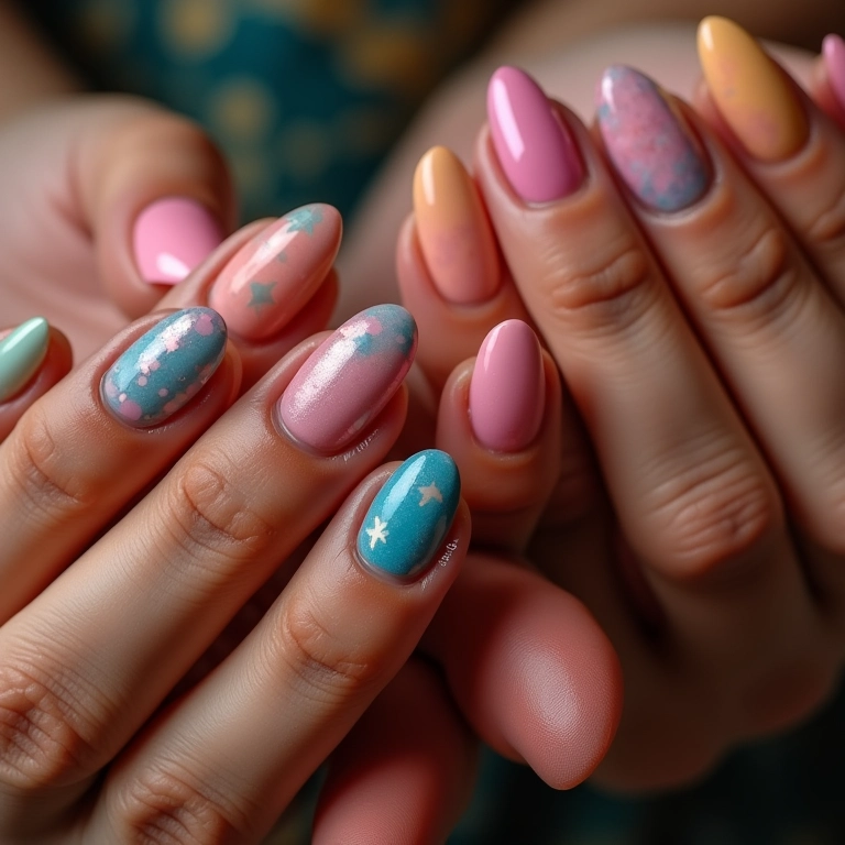 Diversas mãos exibindo designs de unhas de gel coloridas e detalhadas.