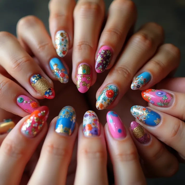 Diversas mãos exibindo unhas decoradas com designs únicos e vibrantes.
