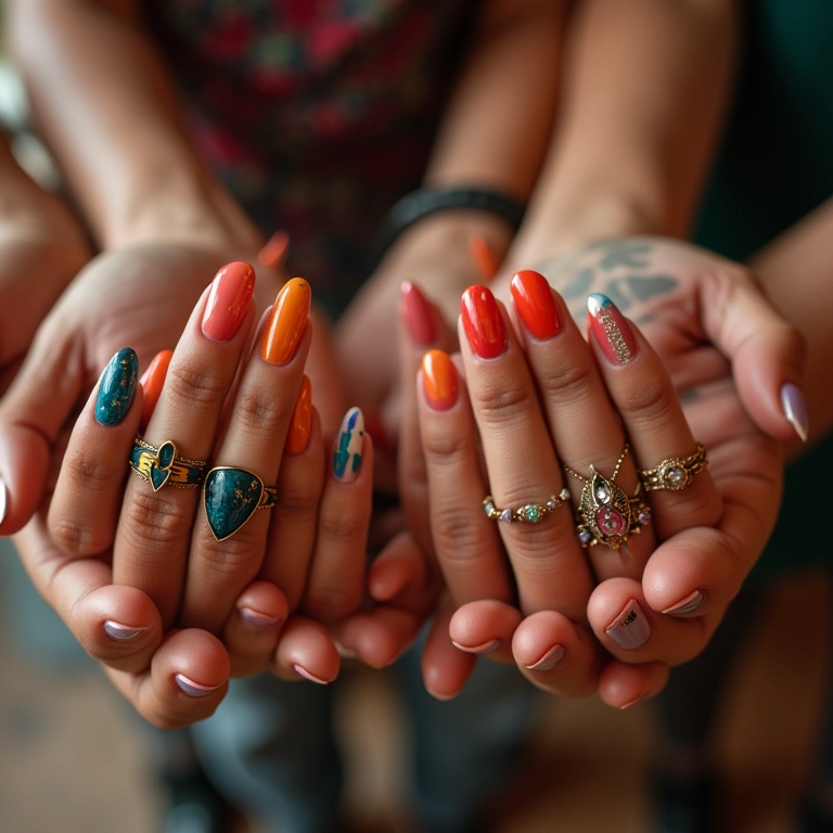 Diversas mãos exibindo unhas decoradas com designs variados e coloridos.