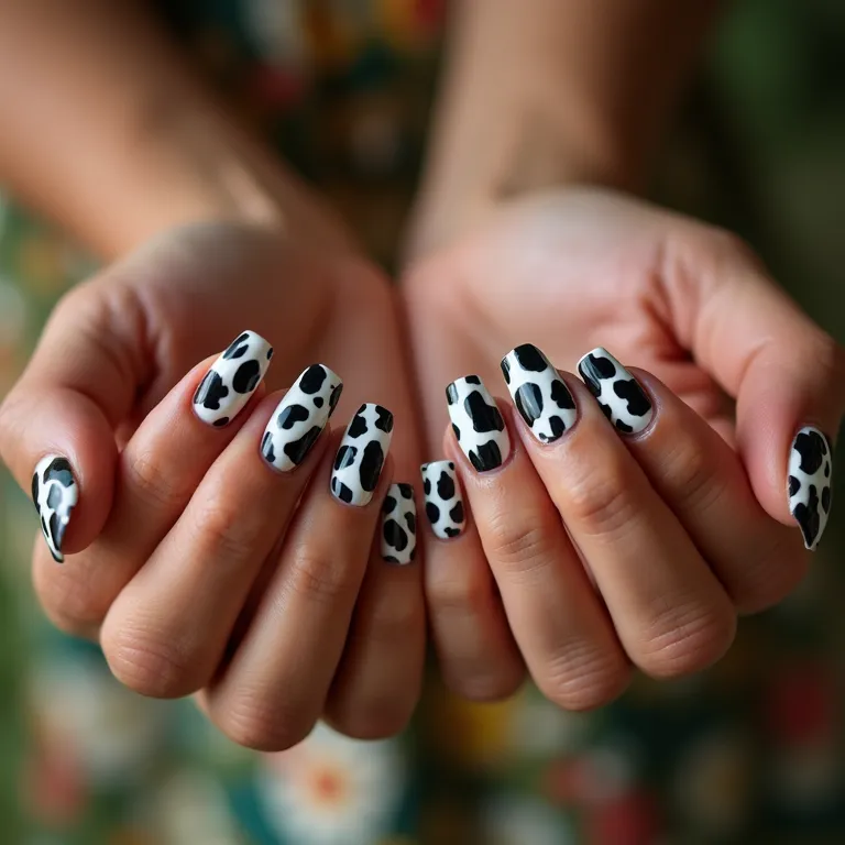 Diversas mãos exibindo unhas decoradas com estampa de vaca.