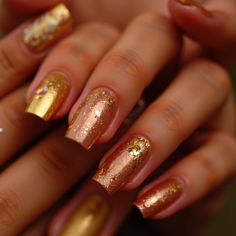 Diversas mãos exibindo unhas decoradas douradas com glitter e detalhes metálicos.