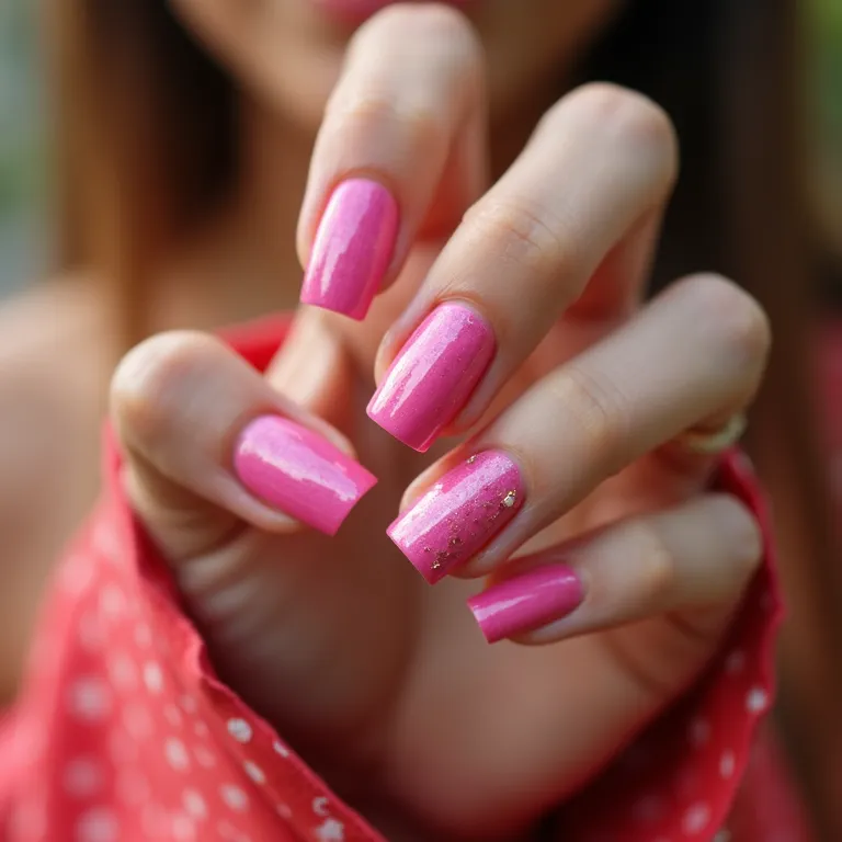 Diversas mãos femininas exibindo unhas rosas decoradas em estilo brasileiro vibrante.