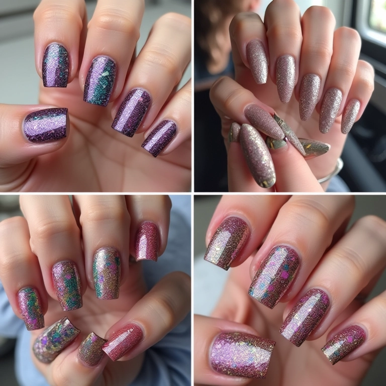 Diversos designs de unhas com glitter.