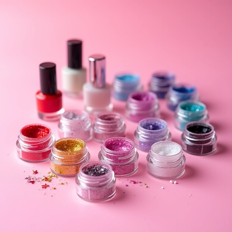 Diversos tipos de glitter para unhas em potes coloridos.