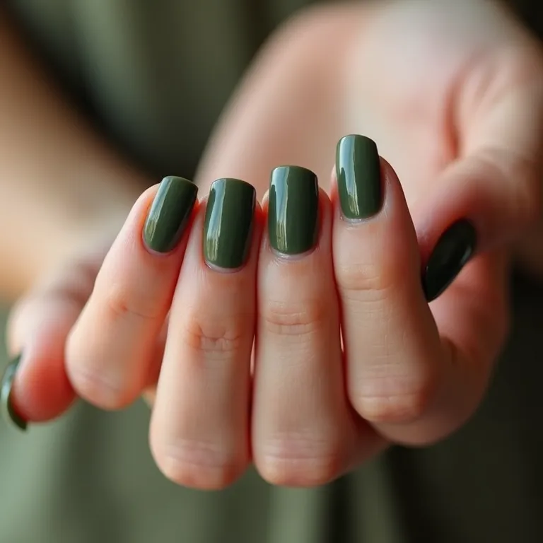 Durabilidade das unhas de gel verde militar.