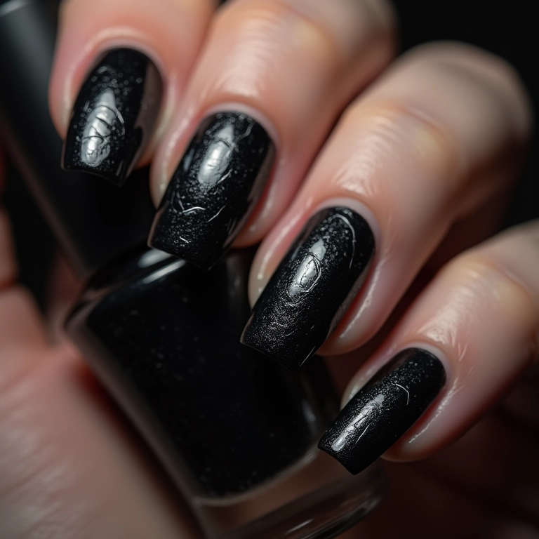 Efeito craquelado em unhas pretas: visual moderno.