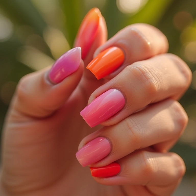 Efeito degradê em unhas quadradas curtas.