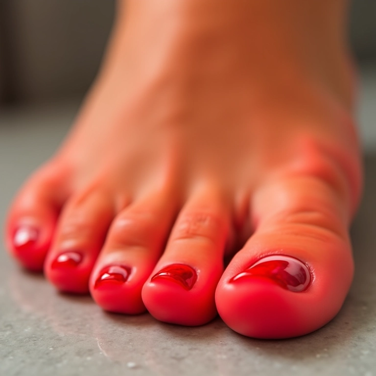 Efeito degradê vermelho no pedicure.