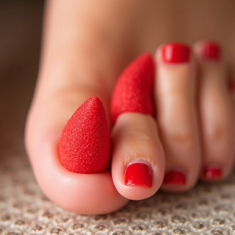 Efeito esponjado vermelho no pedicure.