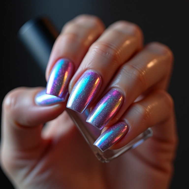 Efeito holográfico nas unhas, visual futurista.